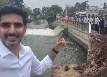 Nara Lokesh inaugurating the High-Level Canal Lift Irrigation Scheme at Pedavadlapudi in Mangalagiri constituency