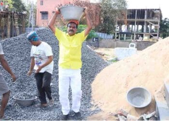 Nimmala Rama Naidu participating in shramdaan at Palakollu crematorium