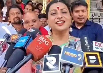 Former minister Roja speaking to media after visiting Sri Someshwara Janardhana Swamy Temple in Bhimavaram.