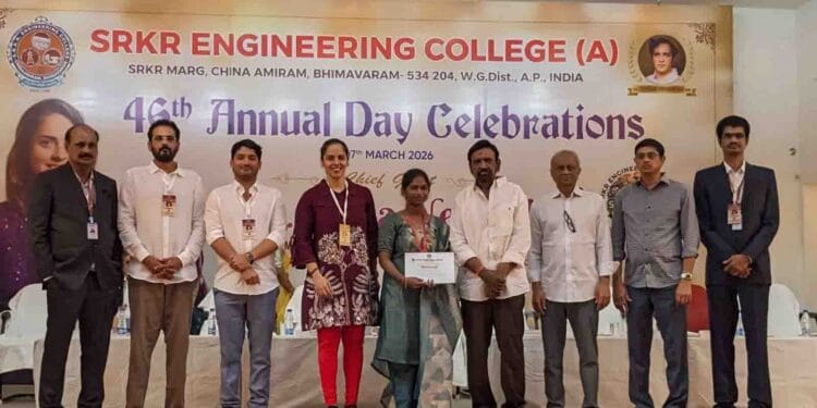 Saina Nehwal lighting the ceremonial lamp at the 46th Annual Day celebrations of SRKR Engineering College in Bhimavaram.