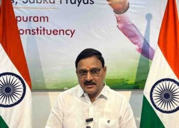 Union Minister Bhupathiraju Srinivasa Varma announcing the ArcelorMittal Nippon Steel Plant Bhoomi Puja at Rajayyapeta in Anakapalli district.