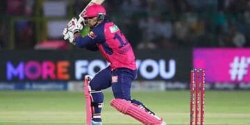 Vaibhav Suryavanshi hitting six during Chennai vs Rajasthan IPL match