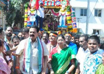 Devotees pulling Kodandarama chariot at Balaji Nagar Rathotsavam