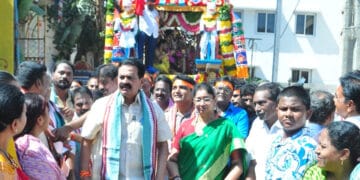 Devotees pulling Kodandarama chariot at Balaji Nagar Rathotsavam