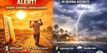 People protecting themselves from extreme heat during heatwave alert in North Andhra