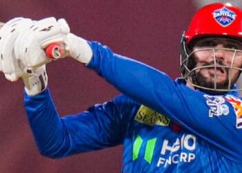 Sameer Rizvi playing a powerful shot during Delhi Capitals Victory over Mumbai Indians