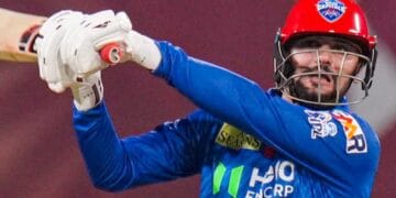 Sameer Rizvi playing a powerful shot during Delhi Capitals Victory over Mumbai Indians