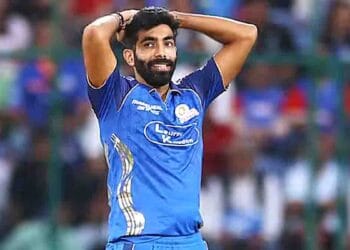 Jasprit Bumrah looking frustrated during an IPL 2026 match for Mumbai Indians