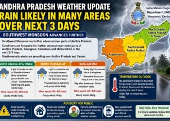 Dark monsoon clouds bringing rainfall over Andhra Pradesh as southwest monsoon advances across the state.
