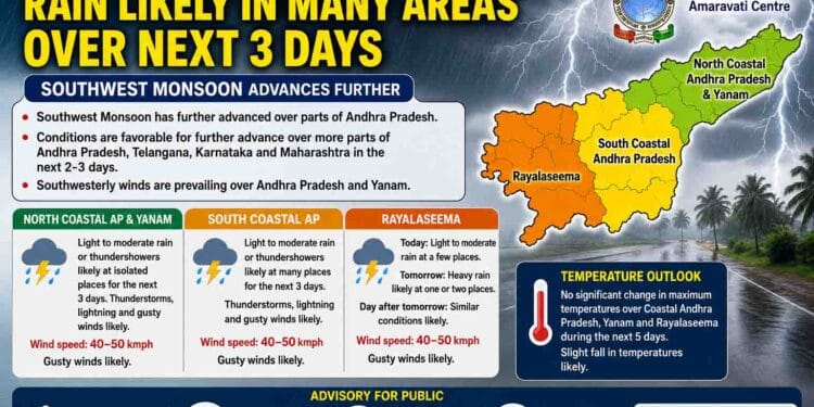 Dark monsoon clouds bringing rainfall over Andhra Pradesh as southwest monsoon advances across the state.