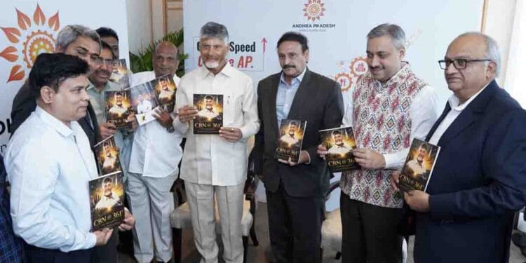Andhra Pradesh Chief Minister Chandrababu Naidu unveiling the book CBN @361 Degrees – The Polymath during his Singapore visit.