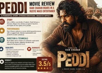 Ram Charan in Peddi movie review poster featuring his rugged village look and 3.5/5 rating.