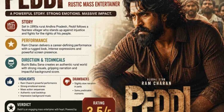 Ram Charan in Peddi movie review poster featuring his rugged village look and 3.5/5 rating.