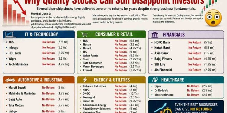 Infographic showing top Indian stocks across sectors that delivered no or minimal returns for several years despite strong business fundamentals.