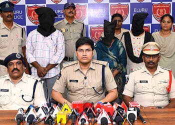 Eluru Police presenting details of the double murder case in which three accused were arrested.