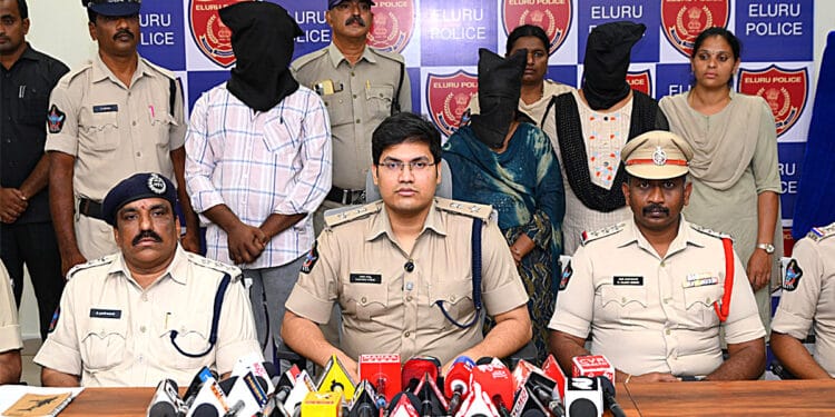 Eluru Police presenting details of the double murder case in which three accused were arrested.