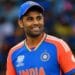 Suryakumar Yadav reacts during a T20 match after BCCI removed him as India's T20 captain.