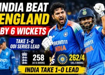 India players celebrate six-wicket victory over England in the first ODI at Edgbaston