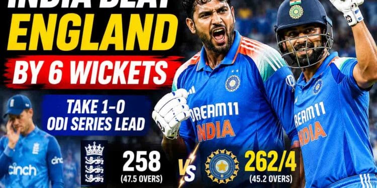 India players celebrate six-wicket victory over England in the first ODI at Edgbaston