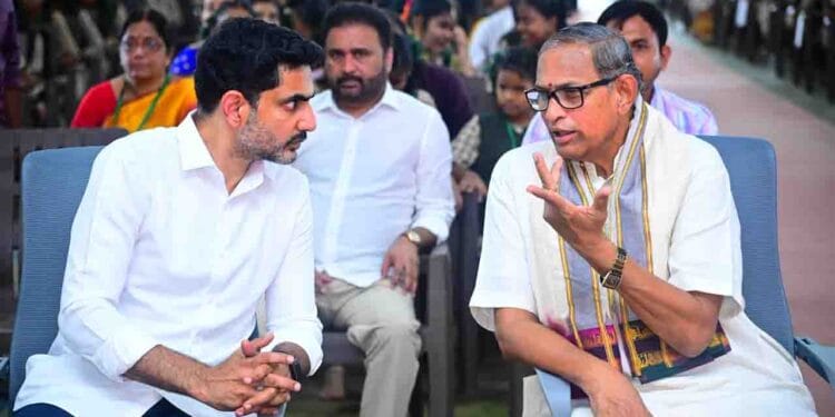 Nara Lokesh addressing students at the Bharatiyam programme in Kakinada