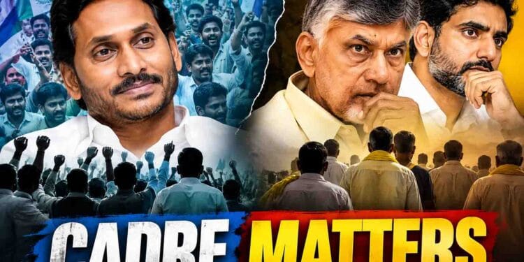 Y.S. Jagan Mohan Reddy, Chandrababu Naidu and Nara Lokesh with political party supporters Image title: Political Cadre Matters in Andhra Pradesh